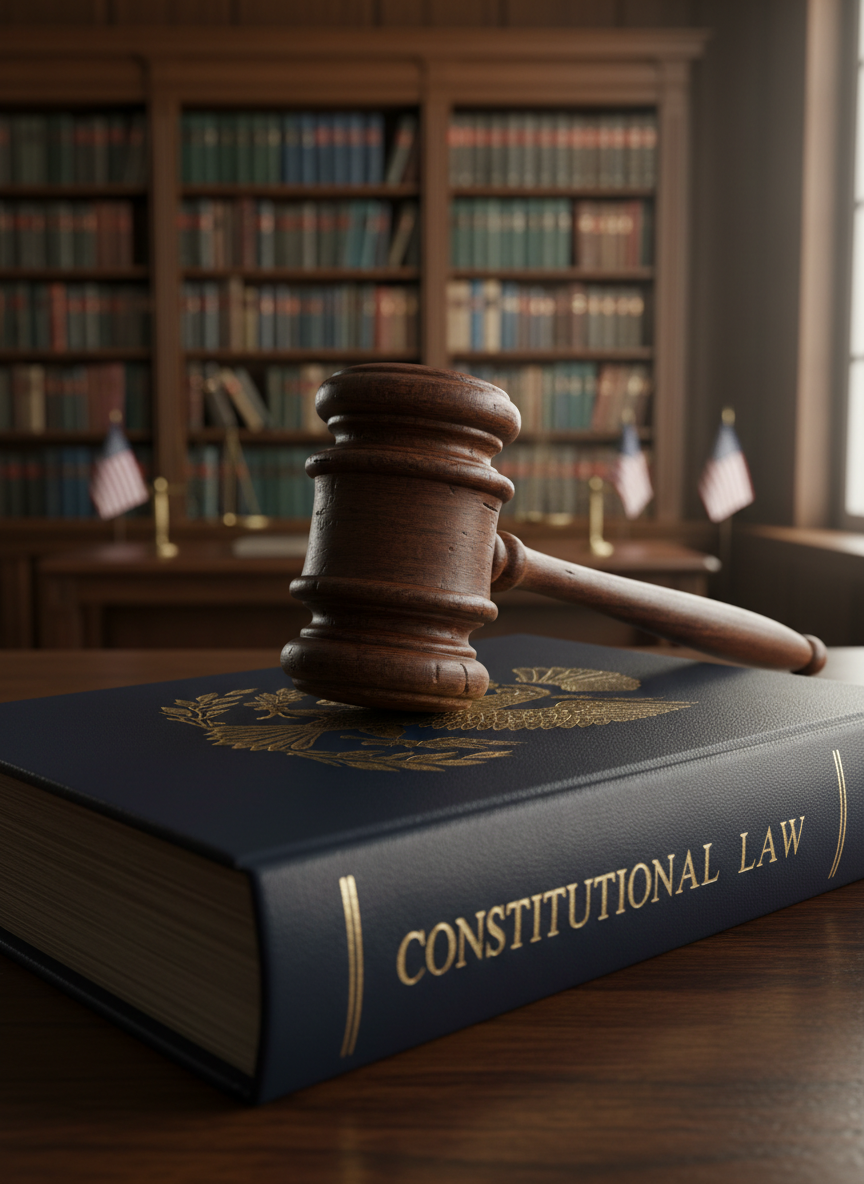 A weathered mahogany judge’s gavel resting on a thick, navy-blue leather-bound book embossed with a golden bald eagle and the words “Constitutional Law.” The objects sit on a polished oak desk in a quiet, wood-paneled chamber lined with towering bookshelves filled with legal volumes and small American flags on brass stands. Soft, directional light from an unseen high window creates dramatic highlights on the gavel’s smooth grain and crisp shadows along the book’s edges. Photographic realism, shot at eye level with a shallow depth of field, keeping the gavel and book in razor-sharp focus while the shelves blur into a dignified, contemplative backdrop, evoking seriousness and respect for the rule of law.