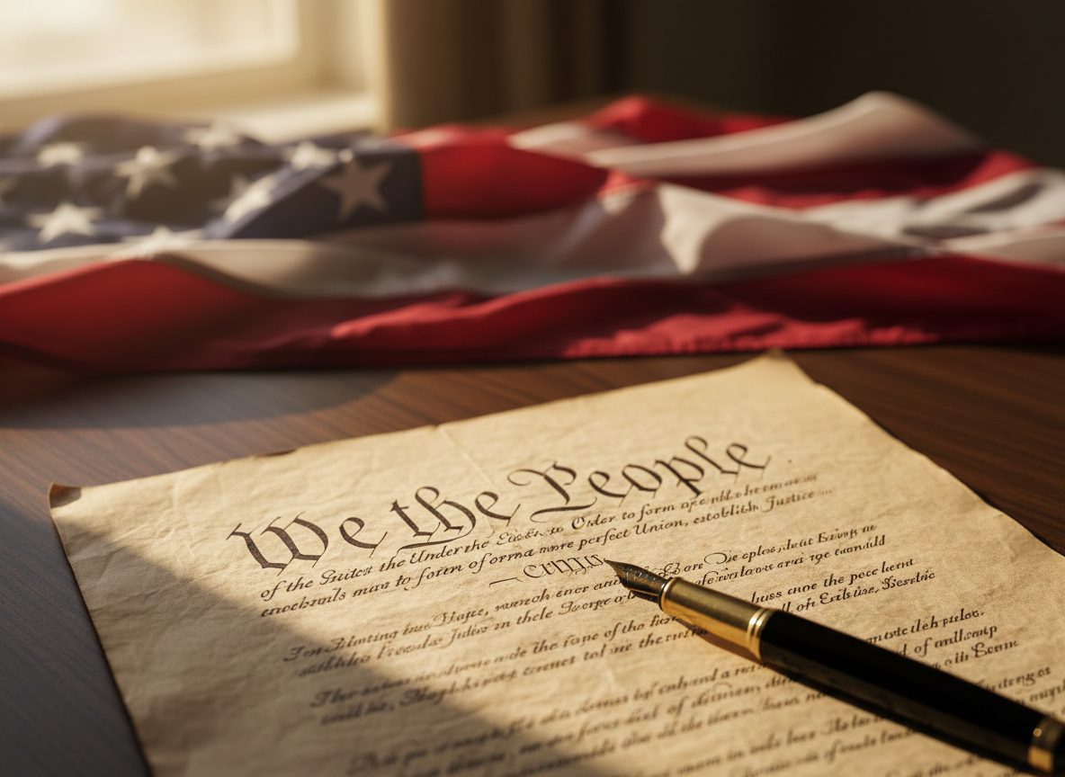 A detailed close-up of the United States Constitution laid flat on a dark walnut table, its aged parchment texture crisp and legible, with “We the People” prominently centered in graceful script. An unfurled, slightly out-of-focus American flag lies behind it, its deep red, white, and blue fabric catching subtle folds. A brass fountain pen with a black lacquer barrel rests diagonally across the lower margin. Warm, golden-hour light from the side grazes the parchment, emphasizing its fibers and casting gentle shadows from the pen. Photographic realism, composed with the rule of thirds and a shallow depth of field, creating a solemn, patriotic mood suited for thoughtful legal and political commentary.