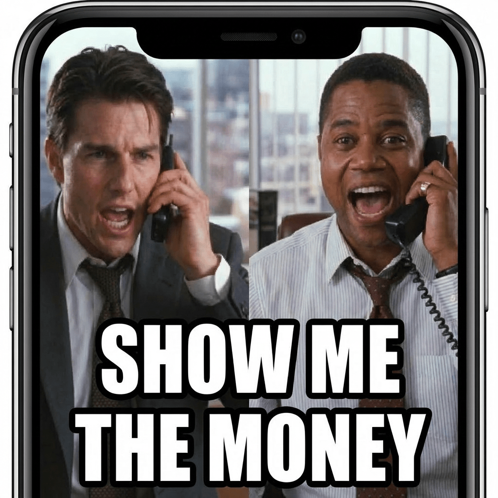 Smartphone screen showing Tom Cruise shouting 'SHOW ME THE MONEY' into a phone.